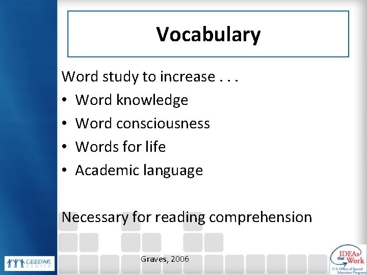 Vocabulary Word study to increase. . . • Word knowledge • Word consciousness •