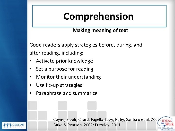 Comprehension Making meaning of text Good readers apply strategies before, during, and after reading,