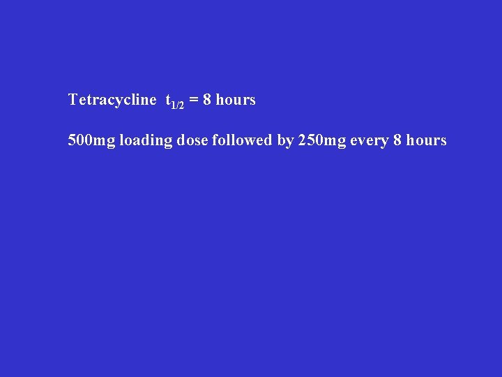 Tetracycline t 1/2 = 8 hours 500 mg loading dose followed by 250 mg