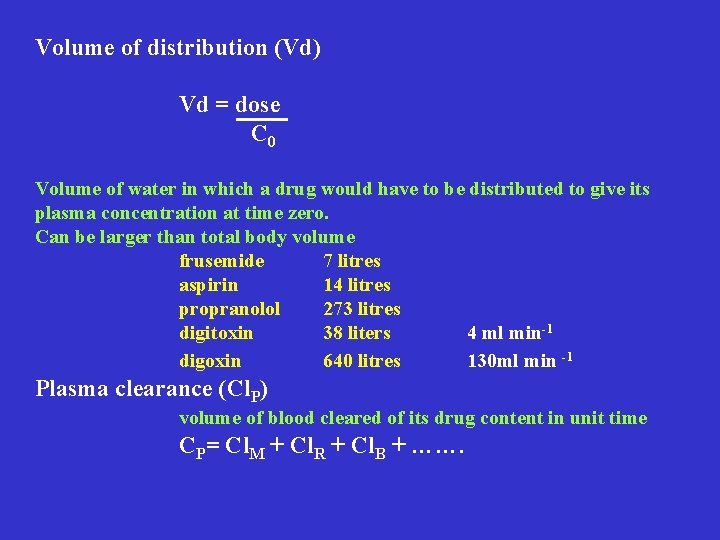 Volume of distribution (Vd) Vd = dose C 0 Volume of water in which