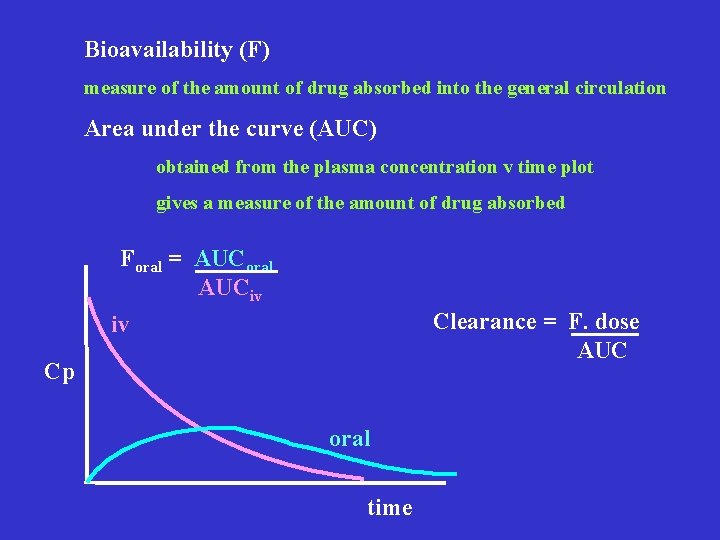 Bioavailability (F) measure of the amount of drug absorbed into the general circulation Area