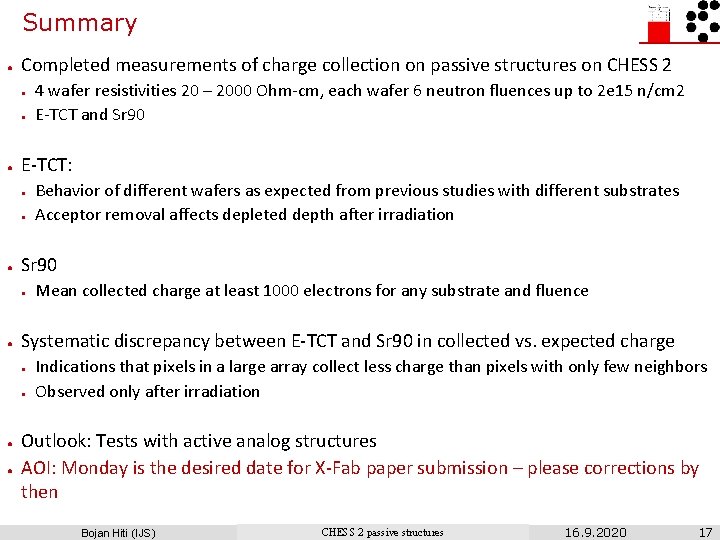 Summary ● Completed measurements of charge collection on passive structures on CHESS 2 ●