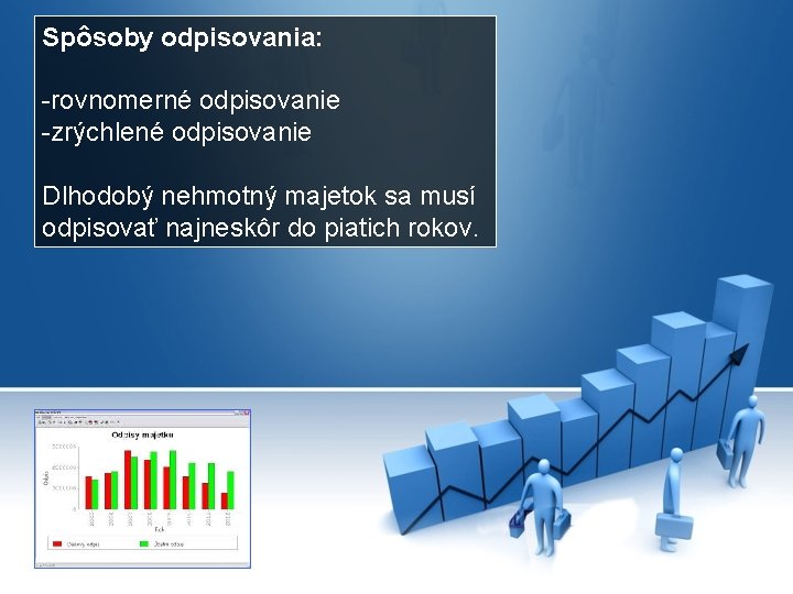 Spôsoby odpisovania: -rovnomerné odpisovanie -zrýchlené odpisovanie Dlhodobý nehmotný majetok sa musí odpisovať najneskôr do