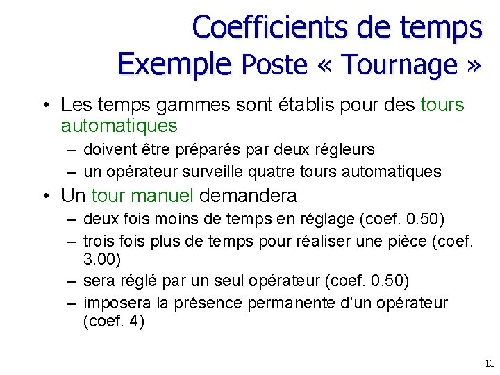 Coefficients de temps Exemple Poste « Tournage » • Les temps gammes sont établis Coefficients de temps Exemple Poste « Tournage » • Les temps gammes sont établis