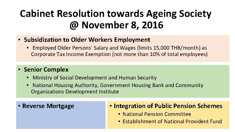 Cabinet Resolution towards Ageing Society @ November 8, 2016 • Subsidization to Older Workers Cabinet Resolution towards Ageing Society @ November 8, 2016 • Subsidization to Older Workers