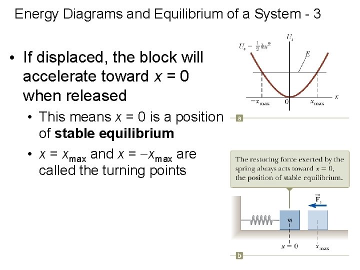 Energy Diagrams and Equilibrium of a System - 3 • If displaced, the block