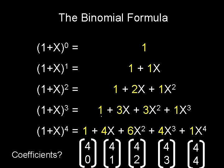 The Binomial Formula (1+X)0 = 1 (1+X)1 = 1 + 1 X (1+X)2 =