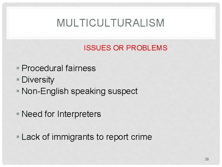 MULTICULTURALISM ISSUES OR PROBLEMS § Procedural fairness § Diversity § Non-English speaking suspect §