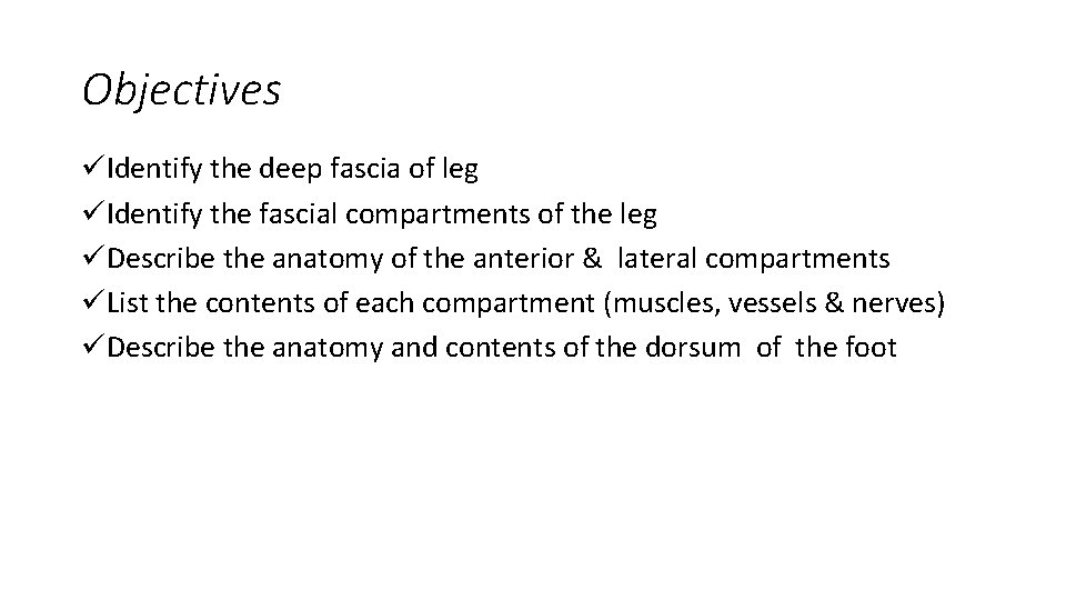 Objectives üIdentify the deep fascia of leg üIdentify the fascial compartments of the leg