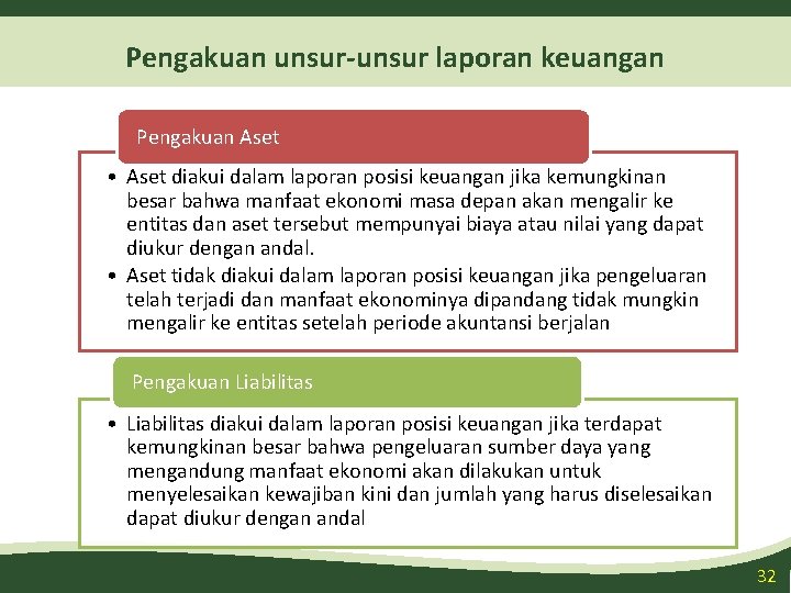Pengakuan unsur-unsur laporan keuangan Pengakuan Aset • Aset diakui dalam laporan posisi keuangan jika
