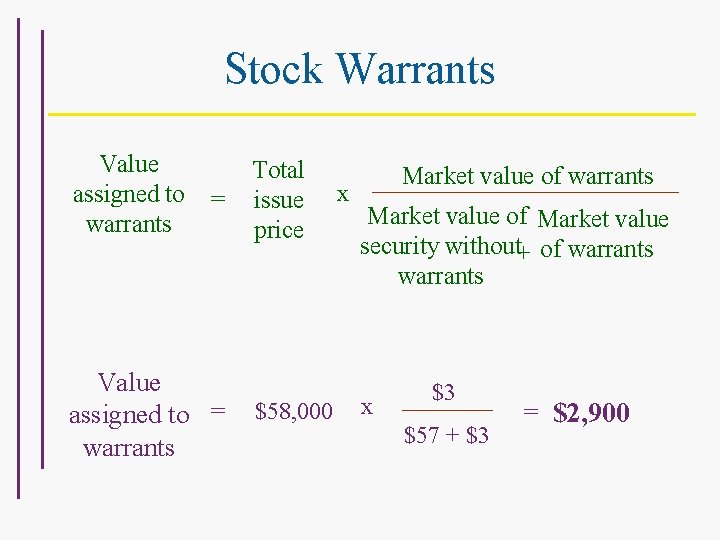 Stock Warrants Value assigned to warrants = Value assigned to = warrants Total issue