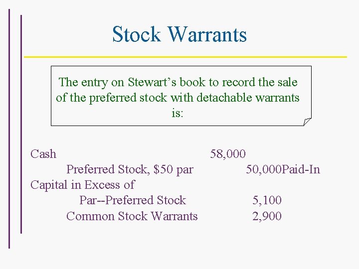 Stock Warrants The entry on Stewart’s book to record the sale of the preferred