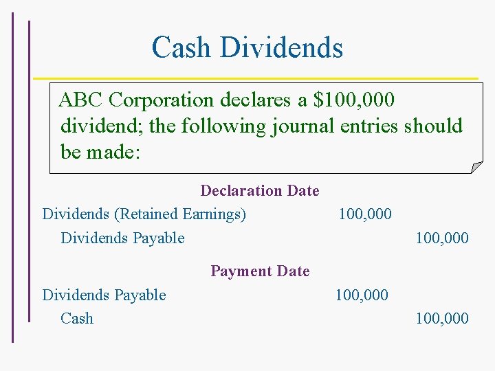 Cash Dividends ABC Corporation declares a $100, 000 dividend; the following journal entries should