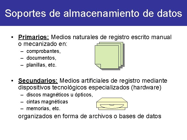 Soportes de almacenamiento de datos • Primarios: Medios naturales de registro escrito manual o