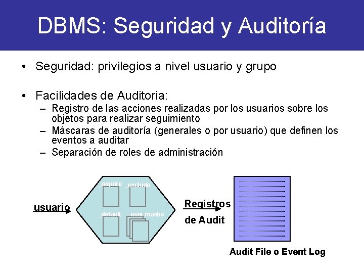 DBMS: Seguridad y Auditoría • Seguridad: privilegios a nivel usuario y grupo • Facilidades