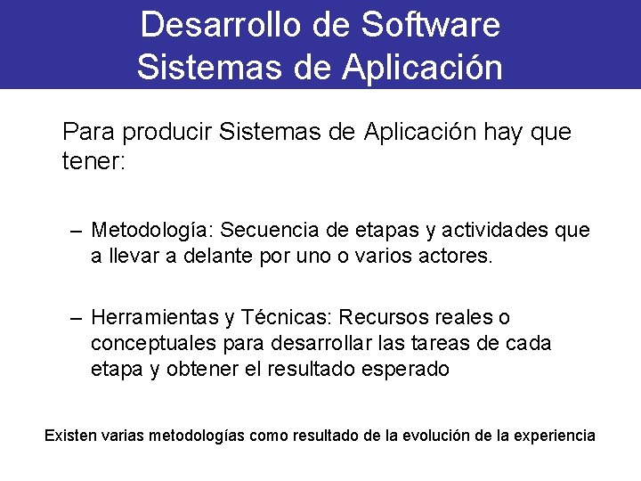 Desarrollo de Software Sistemas de Aplicación Para producir Sistemas de Aplicación hay que tener: