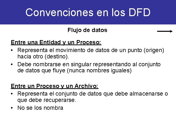 Convenciones en los DFD Flujo de datos Entre una Entidad y un Proceso: •