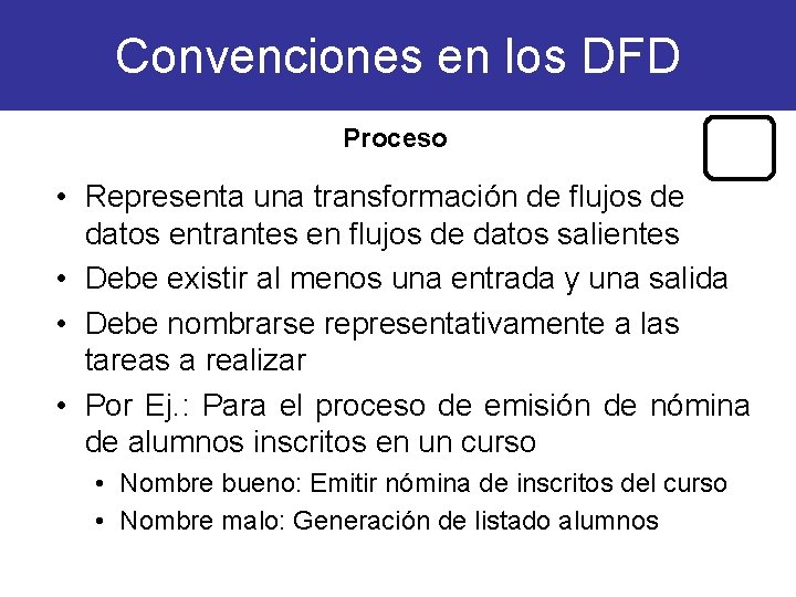 Convenciones en los DFD Proceso • Representa una transformación de flujos de datos entrantes Convenciones en los DFD Proceso • Representa una transformación de flujos de datos entrantes