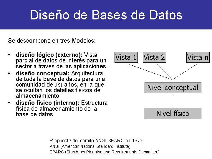 Diseño de Bases de Datos Se descompone en tres Modelos: • diseño lógico (externo):