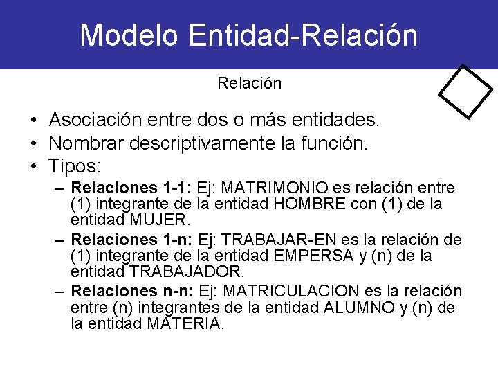 Modelo Entidad-Relación • Asociación entre dos o más entidades. • Nombrar descriptivamente la función. Modelo Entidad-Relación • Asociación entre dos o más entidades. • Nombrar descriptivamente la función.