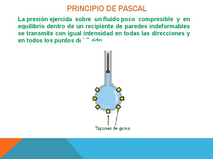 PRINCIPIO DE PASCAL La presión ejercida sobre un fluido poco compresible y en equilibrio