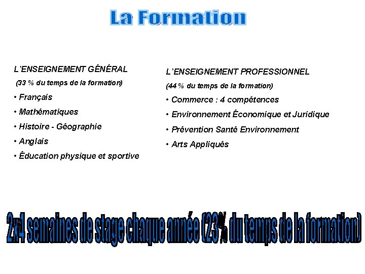 L’ENSEIGNEMENT GÉNÉRAL L’ENSEIGNEMENT PROFESSIONNEL (33 % du temps de la formation) (44 % du