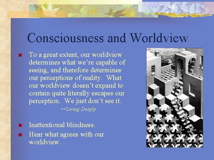 Consciousness and Worldview n To a great extent, our worldview determines what we’re capable