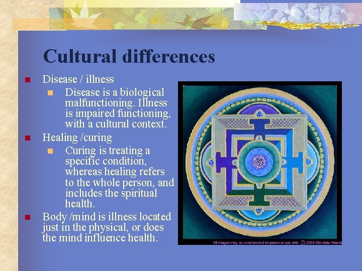 Cultural differences n n n Disease / illness n Disease is a biological malfunctioning.