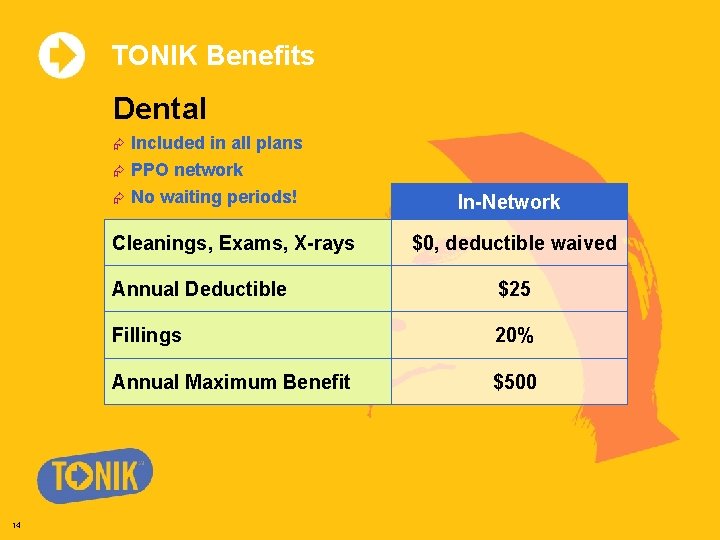 TONIK Benefits Dental Æ Included in all plans Æ PPO network Æ No waiting