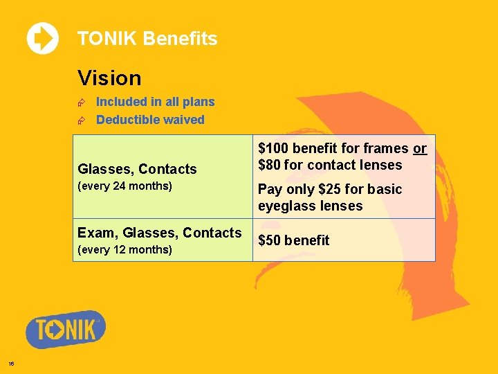 TONIK Benefits Vision Æ Æ Included in all plans Deductible waived Glasses, Contacts (every