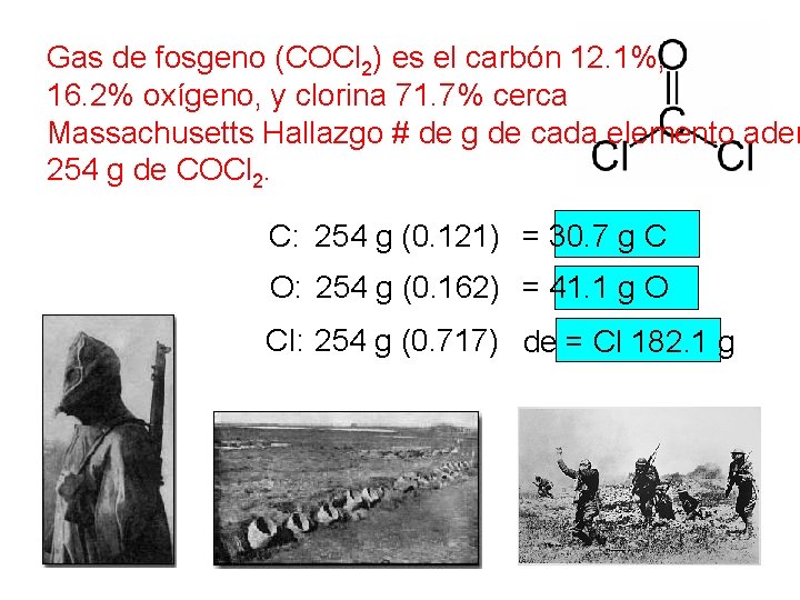Gas de fosgeno (COCl 2) es el carbón 12. 1%, 16. 2% oxígeno, y