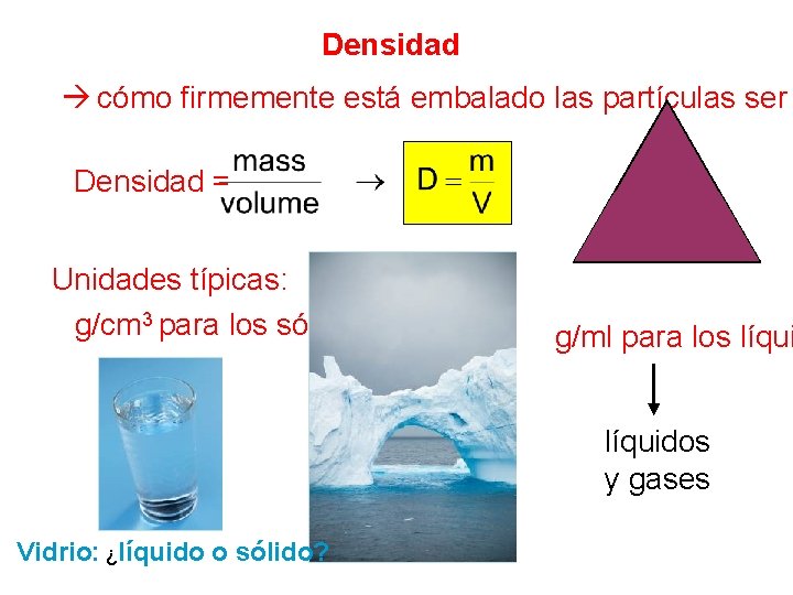 Densidad cómo firmemente está embalado las partículas ser m Densidad = D Unidades típicas: