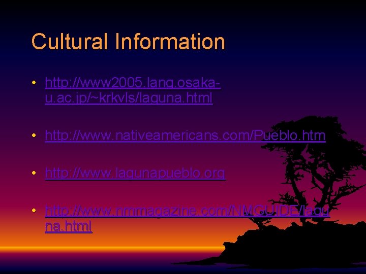 Cultural Information • http: //www 2005. lang. osakau. ac. jp/~krkvls/laguna. html • http: //www.