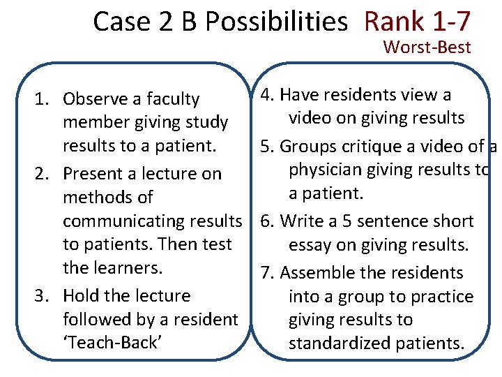 Case 2 B Possibilities Rank 1 -7 Worst-Best 1. Observe a faculty member giving