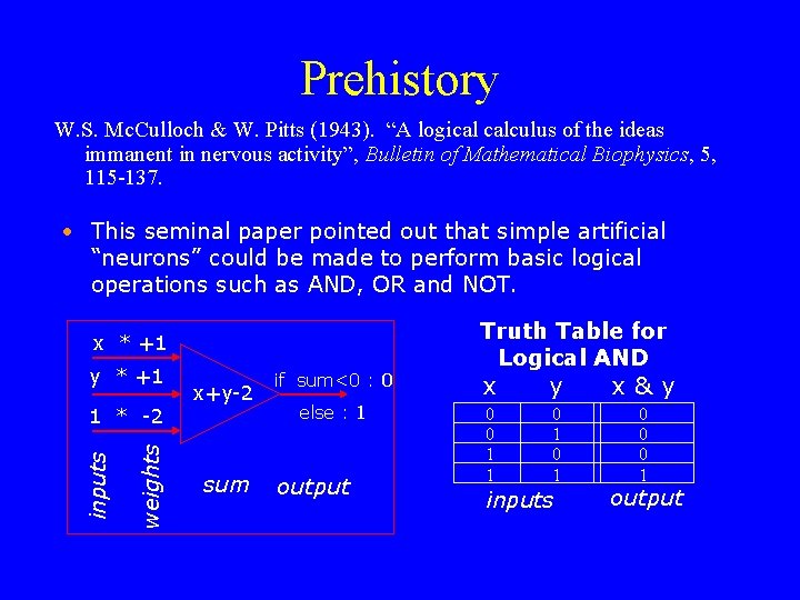 Prehistory W. S. Mc. Culloch & W. Pitts (1943). “A logical calculus of the