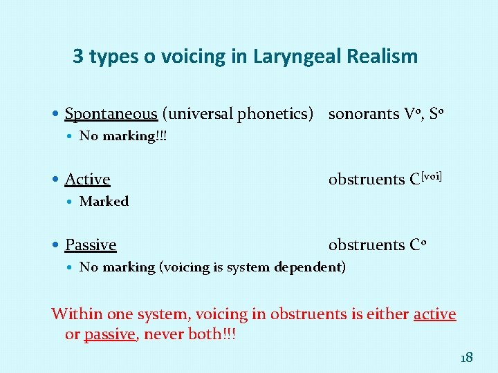 3 types o voicing in Laryngeal Realism Spontaneous (universal phonetics) No marking!!! sonorants Vo,