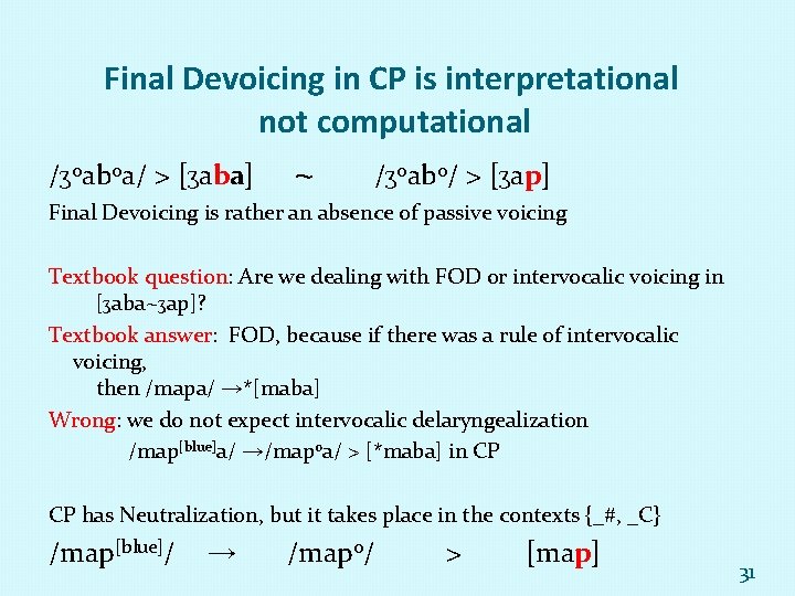 Final Devoicing in CP is interpretational not computational / oaboa/ > [ aba] ~