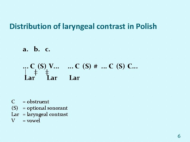 Distribution of laryngeal contrast in Polish a. b. c. . C (S) V. .