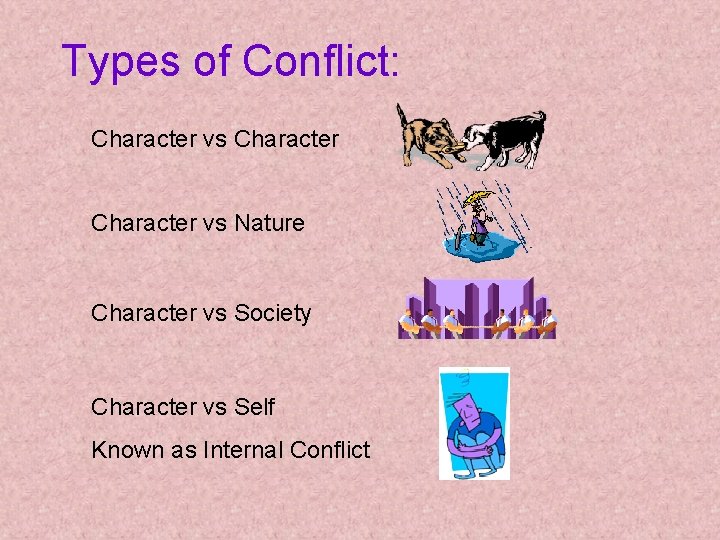Types of Conflict: Character vs Nature Character vs Society Character vs Self Known as