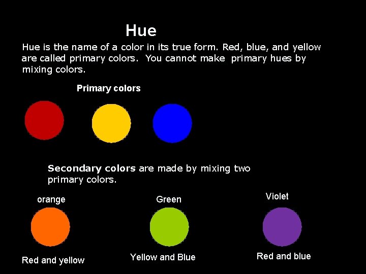 Hue is the name of a color in its true form. Red, blue, and
