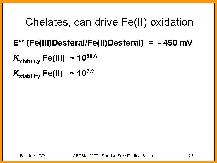 Chelates, can drive Fe(II) oxidation E (Fe(III)Desferal/Fe(II)Desferal) = - 450 m. V Kstability Fe(III)