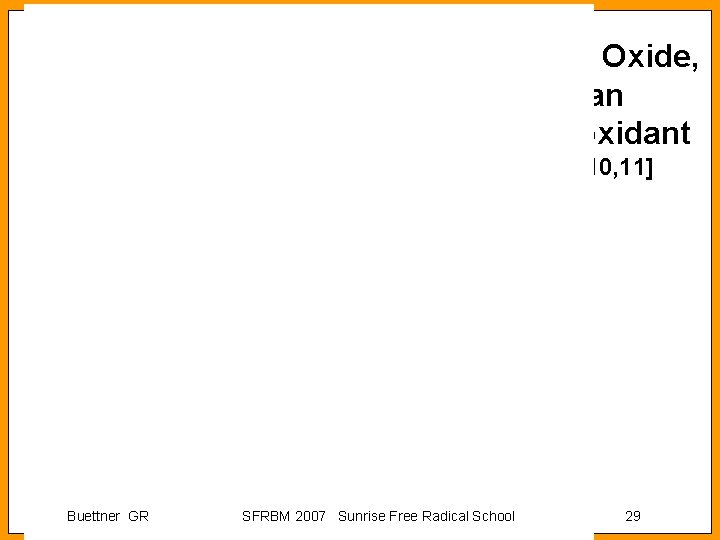 Nitric Oxide, an antioxidant [9, 10, 11] Buettner GR SFRBM 2007 Sunrise Free Radical