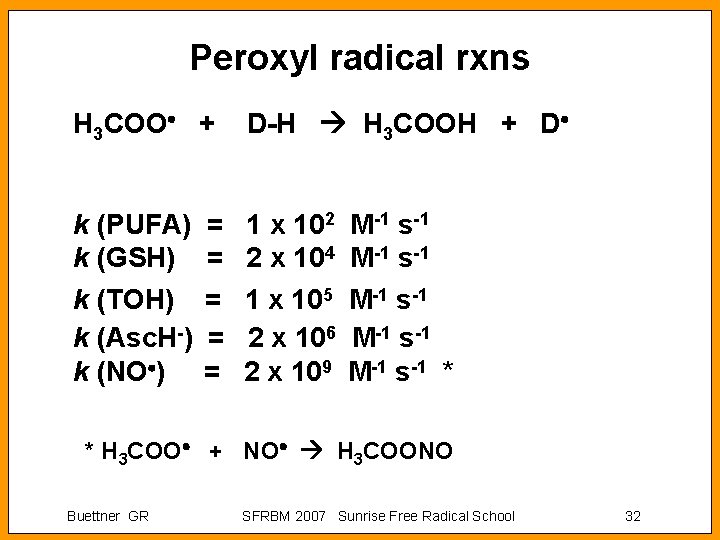 Peroxyl radical rxns H 3 COO + D-H H 3 COOH + D k