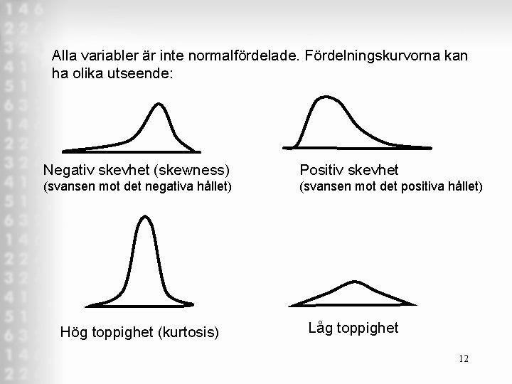 Alla variabler är inte normalfördelade. Fördelningskurvorna kan ha olika utseende: Negativ skevhet (skewness) Positiv Alla variabler är inte normalfördelade. Fördelningskurvorna kan ha olika utseende: Negativ skevhet (skewness) Positiv