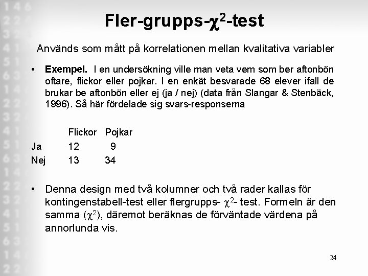 Fler-grupps-c 2 -test Används som mått på korrelationen mellan kvalitativa variabler • Exempel. I Fler-grupps-c 2 -test Används som mått på korrelationen mellan kvalitativa variabler • Exempel. I