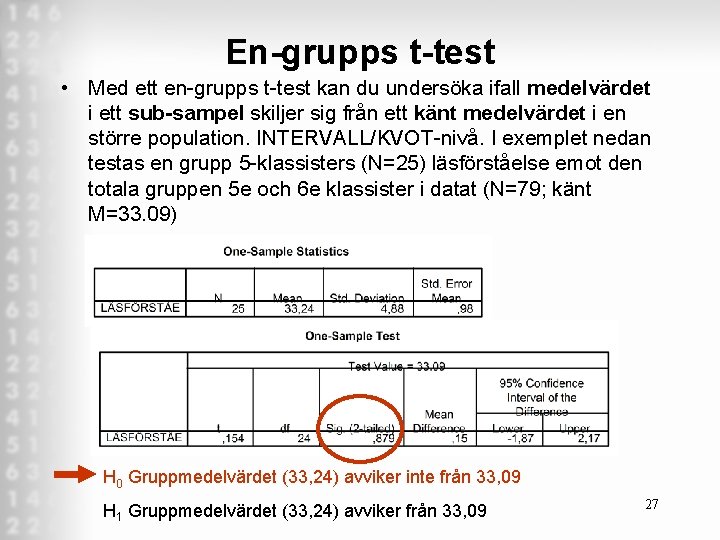 En-grupps t-test • Med ett en grupps t test kan du undersöka ifall medelvärdet