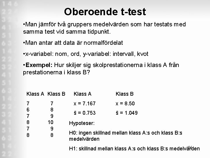 Oberoende t-test • Man jämför två gruppers medelvärden som har testats med samma test Oberoende t-test • Man jämför två gruppers medelvärden som har testats med samma test