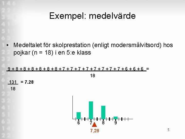 Exempel: medelvärde • Medeltalet för skolprestation (enligt modersmålvitsord) hos pojkar (n = 18) i