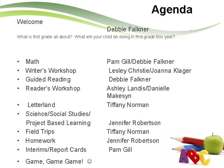 Agenda Welcome Debbie Falkner What is first grade all about? What will your child