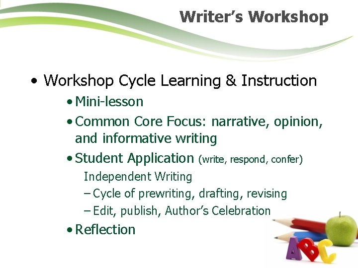 Writer’s Workshop • Workshop Cycle Learning & Instruction • Mini-lesson • Common Core Focus: